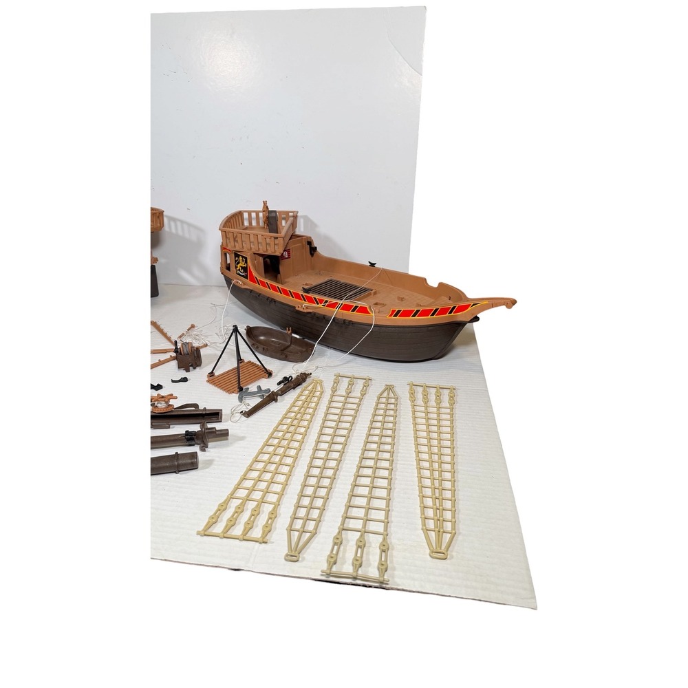 Playmobil Pirate Ship Parts Lot 2 Hulls Masts Rigging Sail Rowboat Raft Germany - Picture 7 of 11